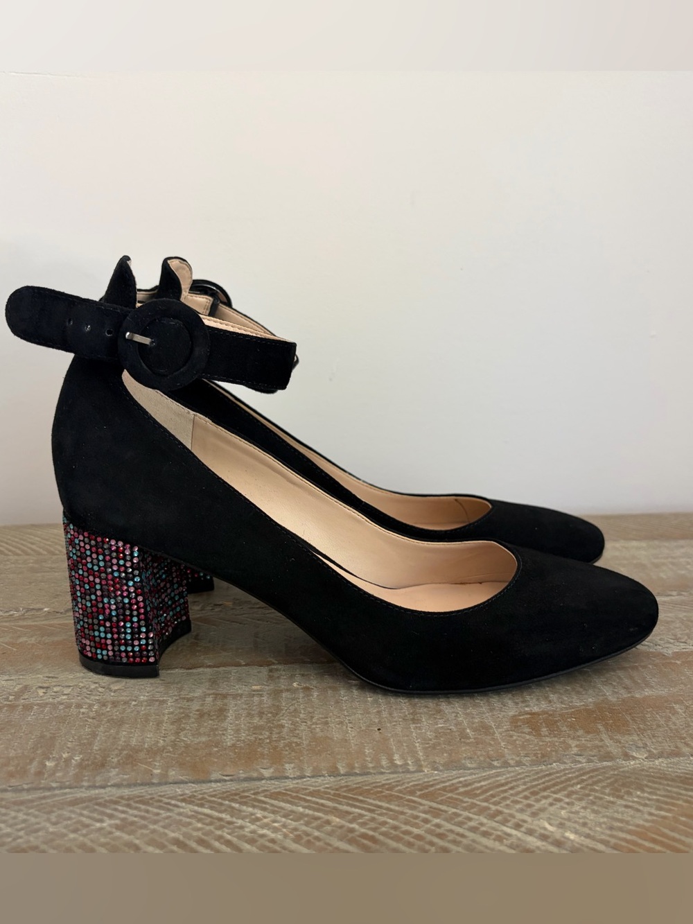 Karl Lagerfeld “Solaine”  Suede Pumps with Multicolor Crystal Block Heel